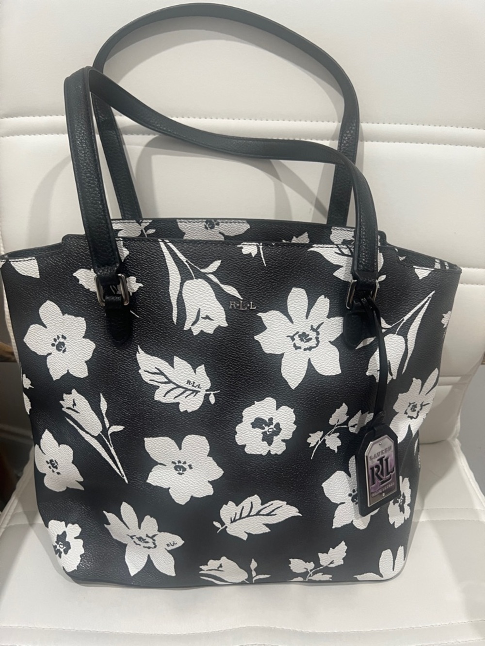 Lauren Ralph Lauren Black and White Floral Leather Tote